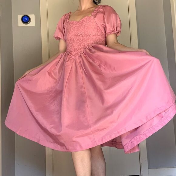 Sz XS or 00 Vintage Pink Mauve Puffy Sleeve Lace A line midi dress - Picture 3 of 13